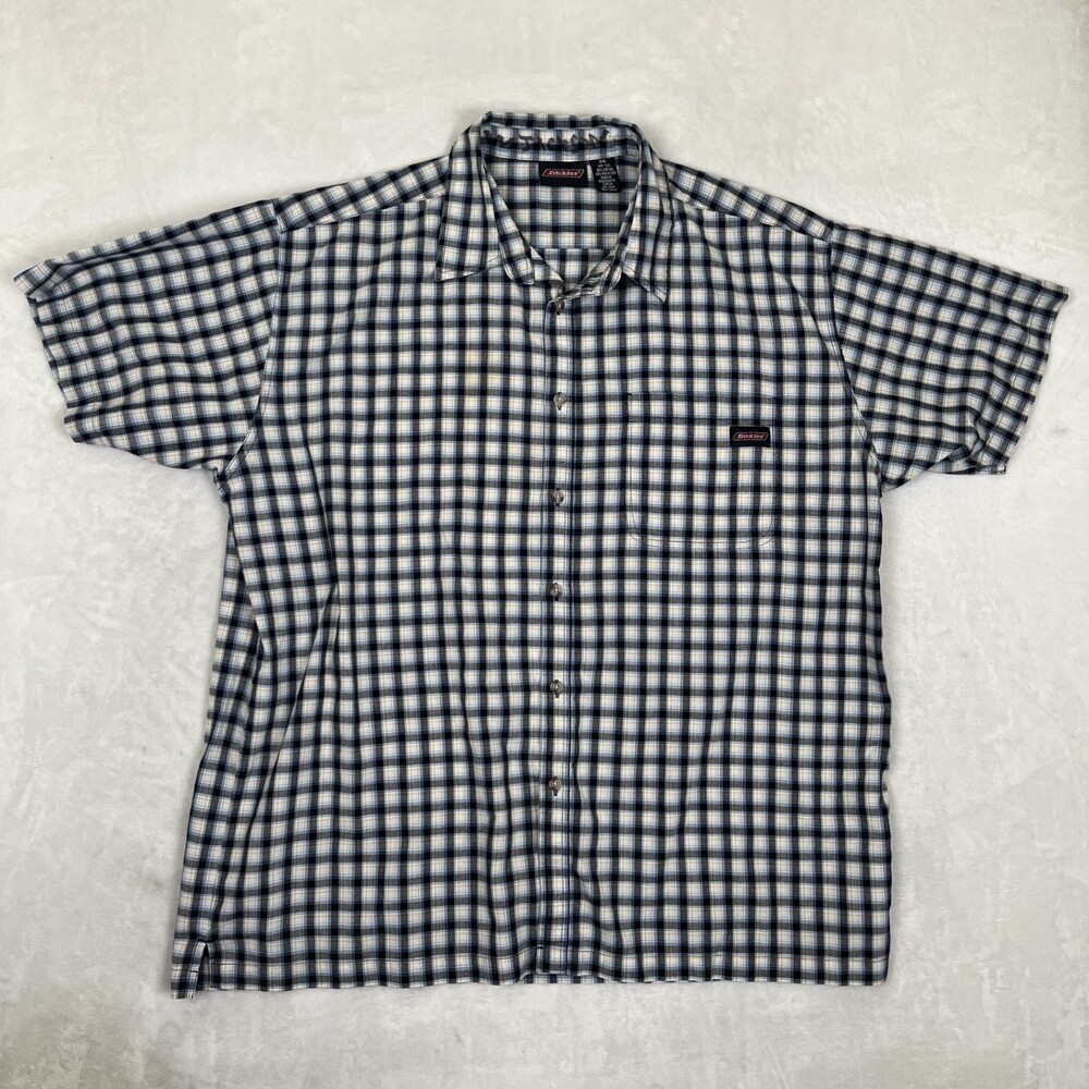 Dickies Shirt Mens 2XL Blue White Check Short Sleeve Button Front Workwear